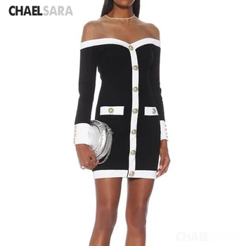 

2020 New Elegant Spring Autumn Knitted Dress Women Sexy Off Shoulder Long-Sleeve Bodycon Mini Dress