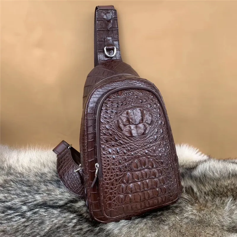 Коричневый Zipper Closure Genuine Alligator Leather Men's Small Chest Bag Authentic Crocodile Skin Male Cross Shoulder Bag Messenger Bag - Цвет: Коричневый