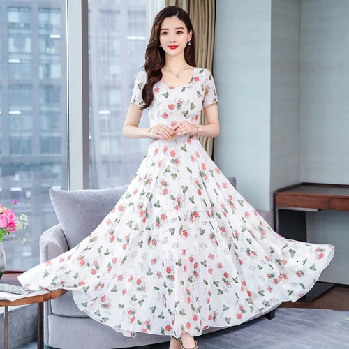 

2019 New Summer Short Sleeve Female Work Wear Chiffon Long Dresses Printedslim Elegant Plus Size Femaleprinted Women Dress White