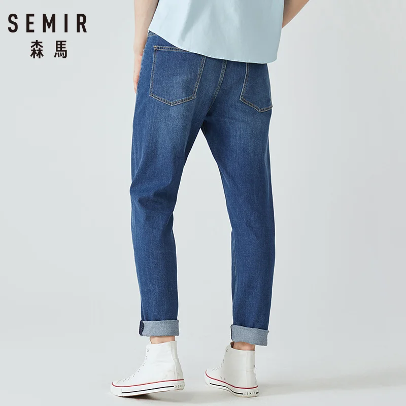 Deals Semir Denim trousers men new slim feet trousers men cotton Korean letter embroidery pants students man pants tide
