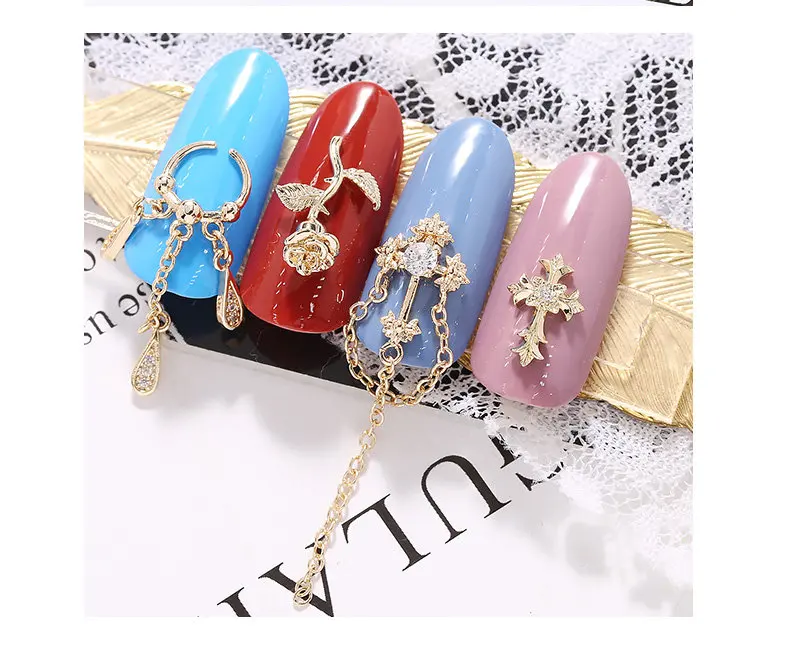 5pcs Pendant Chain 3D Alloy Nail Art Micro-inlay Zircon Pearl metal manicure nail accessories DIY Nail Decoration Nail charms