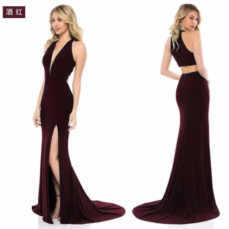 Сексуальное с v-образным вырезом без рукавов, с открытой спиной, Prom Dress Mermaid Для женщин однотонные Цвет Разделение шарнир для выпускного вечера вечерние платья
