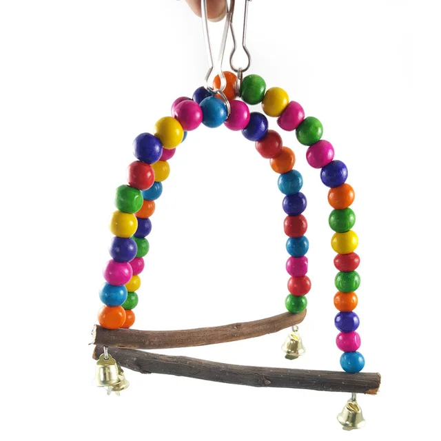 1PC Natural Wooden Parrots Swing Toy Birds Colorful Beads Bird Supplies Bells Toys Perch Hanging Swings Cage for Pets 3