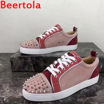 

Luxury Designers Beertola Men's Sneakers Lace-up Gold Rivet Masculine 2019 Flats Shoes Casual Style Chaussures Male Flock Pink