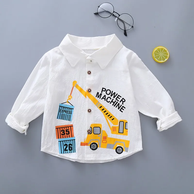 Демисезонный для младенцев, для маленьких мальчиков хлопковая футболка с длинными рукавами блузки Повседневное с автомобилем из мультфильма; с принтом удобные, однотонного цвета, новая блузка