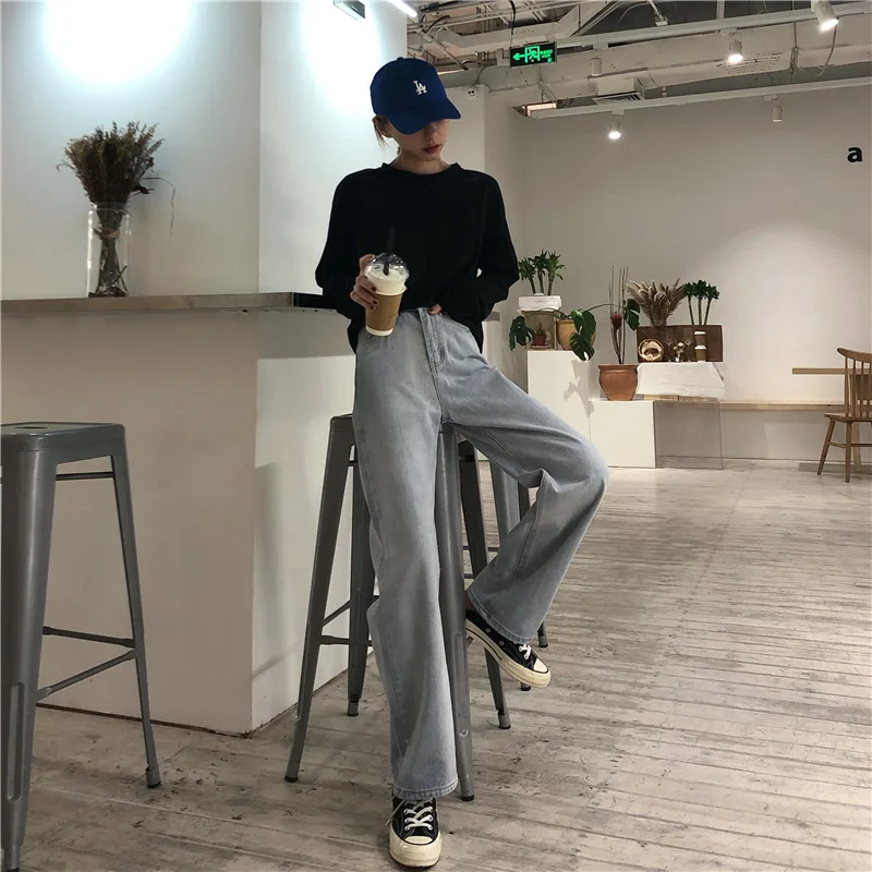 Kpop Blackpink Jisoo same летние свободные с высокой талией широкие женские джинсовые брюки Корейская уличная wild Harajuku прямые джинсы