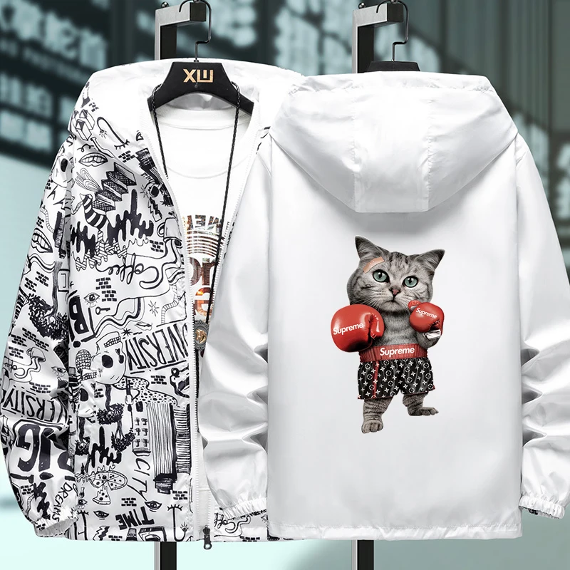 

Men Casual Reversible Outdoor Coat Loose Fit Lightweight Sportwear Jacket Windproof Fishing Jackets Fashion Boxing Cat Printing