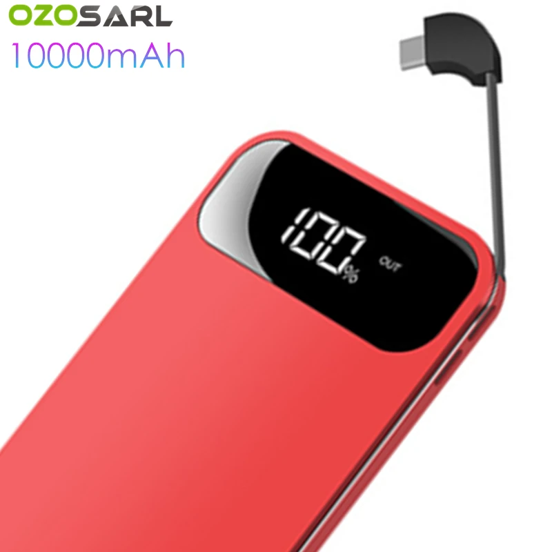 Powerbank 10000mAh портативный тонкий PowerBank с кабелем светодиодный портативное зарядное устройство с дисплеем Внешнее зарядное устройство для iPhone huawei Xiaomi