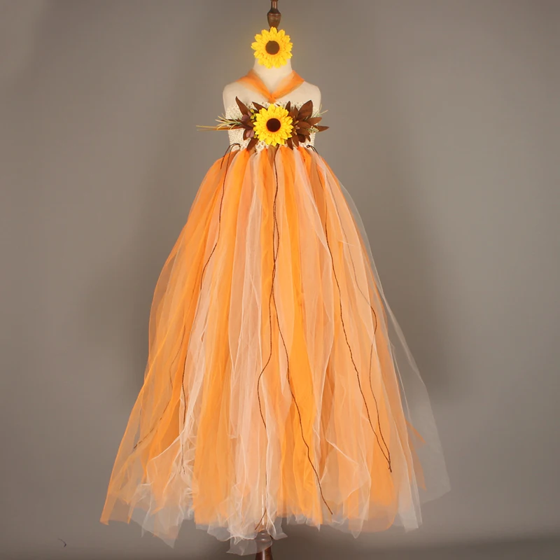 Autumn Scarecrow Girls Tutu Dress Set Kids Halloween Tulle Scare Crow Costume Fall Colored Flower Children Wedding Couture Dress (12)