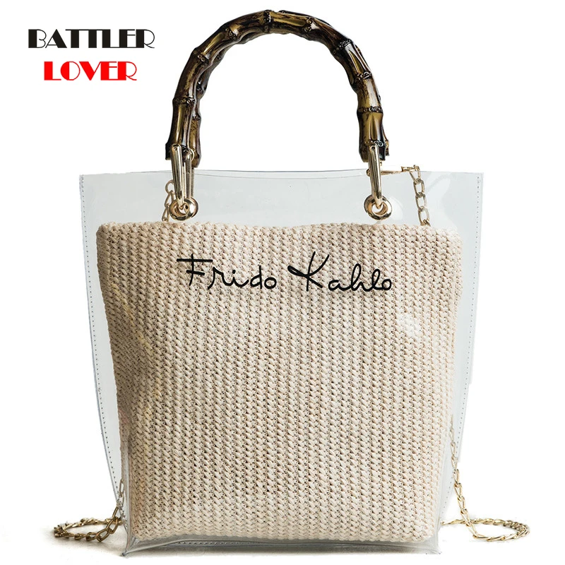 Bamboo Handle Straw Weave Handbag Women