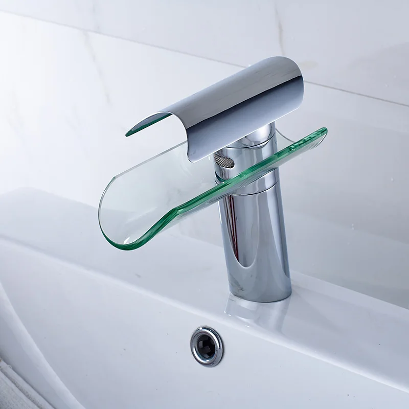 Bathroom Basin Faucet Waterfall Spout Glass Nickel Brushed Cold and Hot Mixer Water Sink Tap