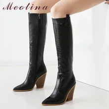 Meotina/зимние сапоги до колена; женские модные высокие сапоги на высоком каблуке в необычном стиле; обувь с острым носком на молнии; Женская Осенняя обувь; большой размер 46