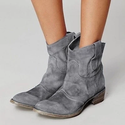Women ankle boots winter similation suede square heel pointed to e solid color boots women ankle slip-on boot Cowboys
