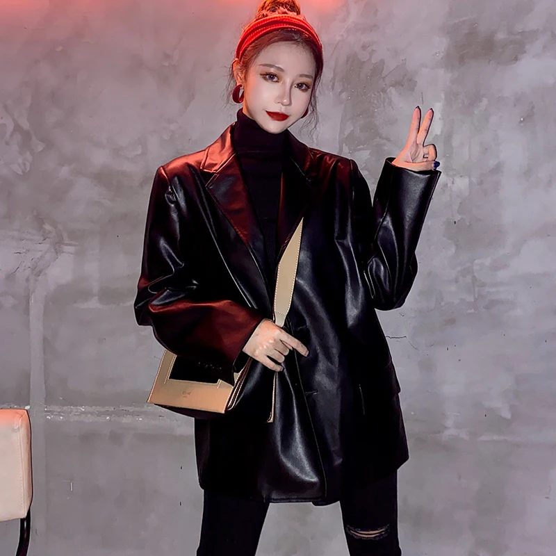 Корейская искусственная кожа мотоциклетная кожаная одежда Женская мода PU с длинным рукавом кожаная куртка с отворотом женская черная кожа
