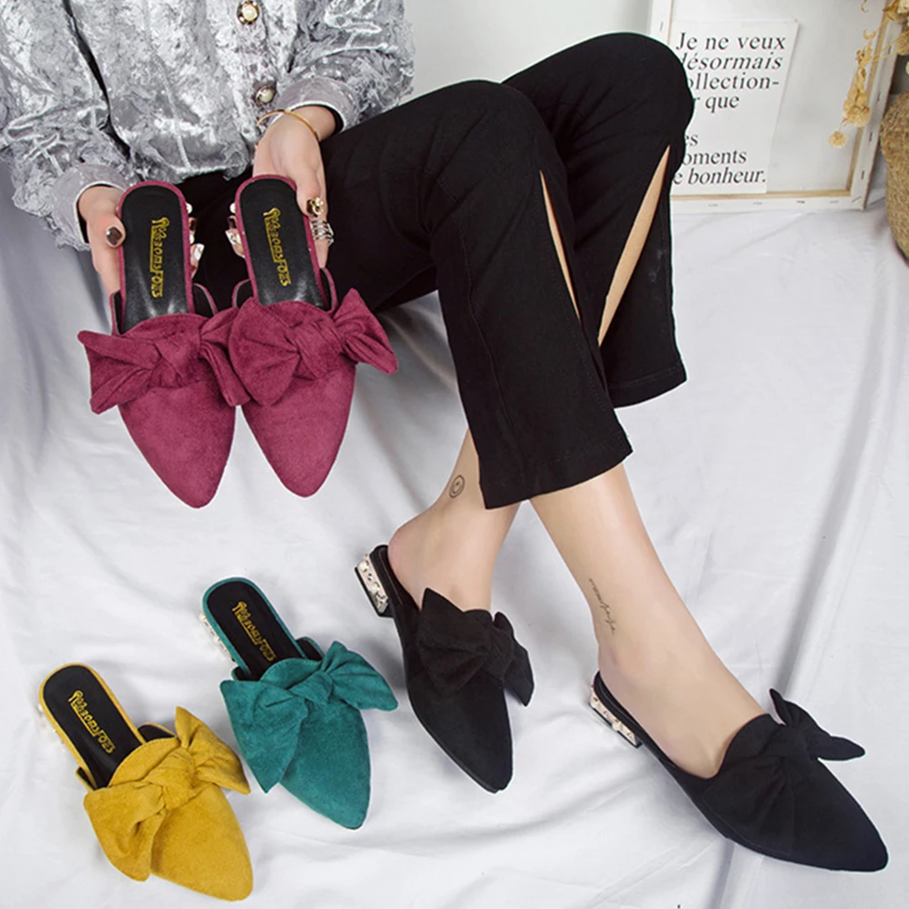 Open Toe Slippers Bow Slippers Fashion Women Open Toe Slide Bow-Knot Comfy Sandals Slippers Low Heeled Shoes Bomden Ladies Low Heel Slippers Casual and Comfortable Large Size Slippers