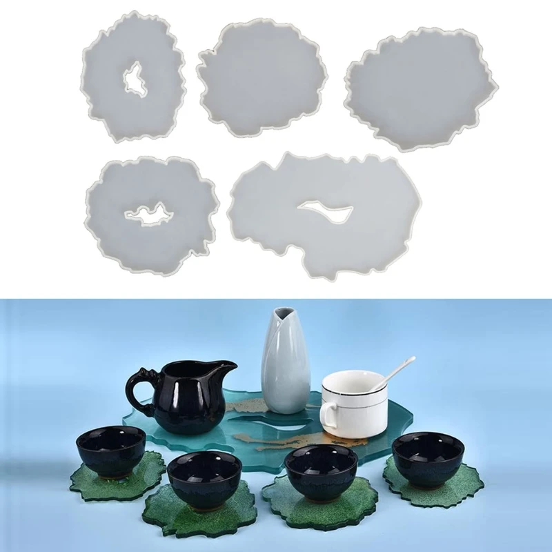 

5Pc Large Irregular Resin Coaster Molds DIY Silicone Tray Fruit Tea Cup Mat Geode Agate Platter Epoxy Resin Molds Kit