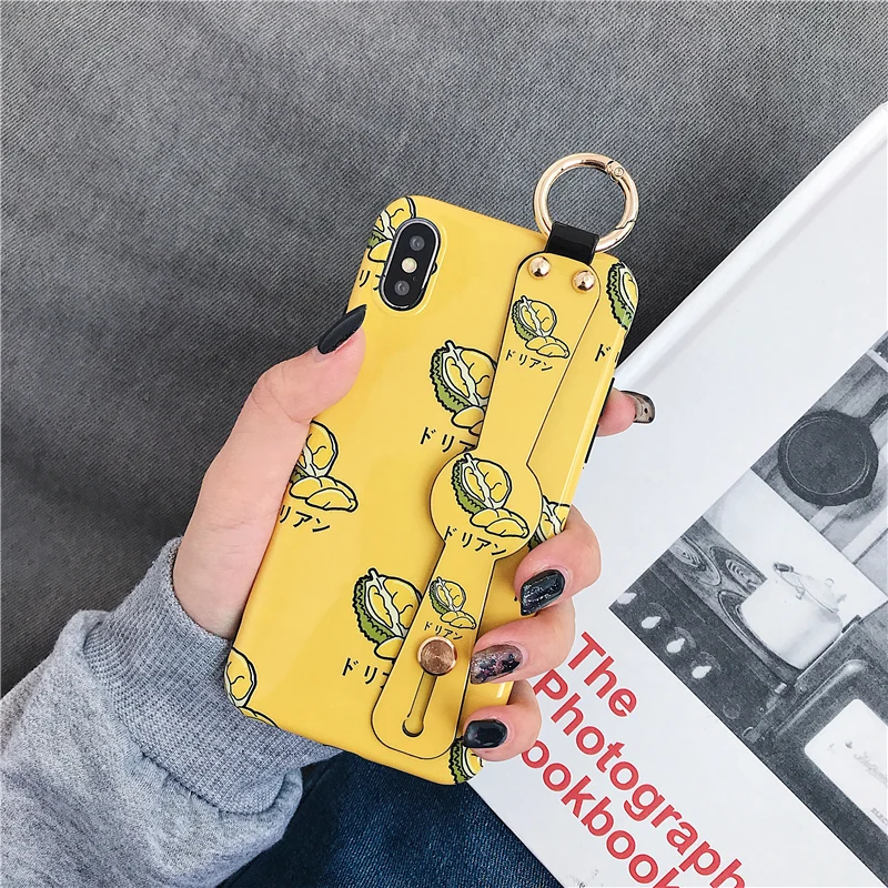

Wrist Strap phone Case For iphone 7 8 6 6s plus Case For iphone X Xs max XR Cute fruit Durian silicone case Phone Holder