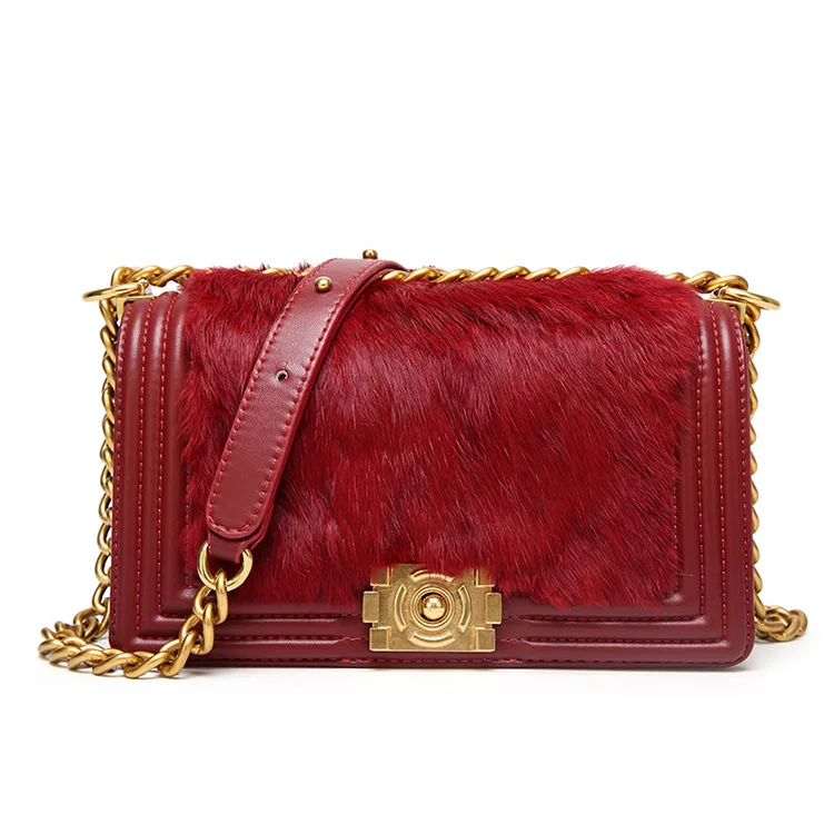 

Vintage Chain rabbit fur rhombic thread big square bag women Korean version of the lock shoulder tote messenger Crossbody bag