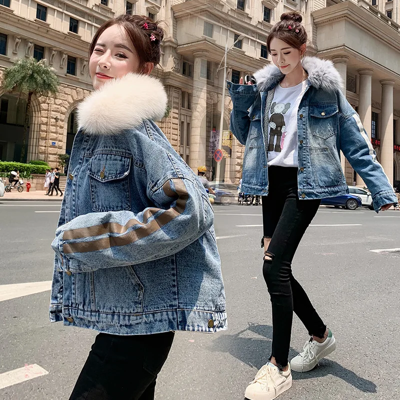 

Girl'S Large Fur Collar Cowboy Cotton-padded Clothes 2019 Winter Brushed And Thick Mid-length Berber Fleece Retro Cowboy Short J