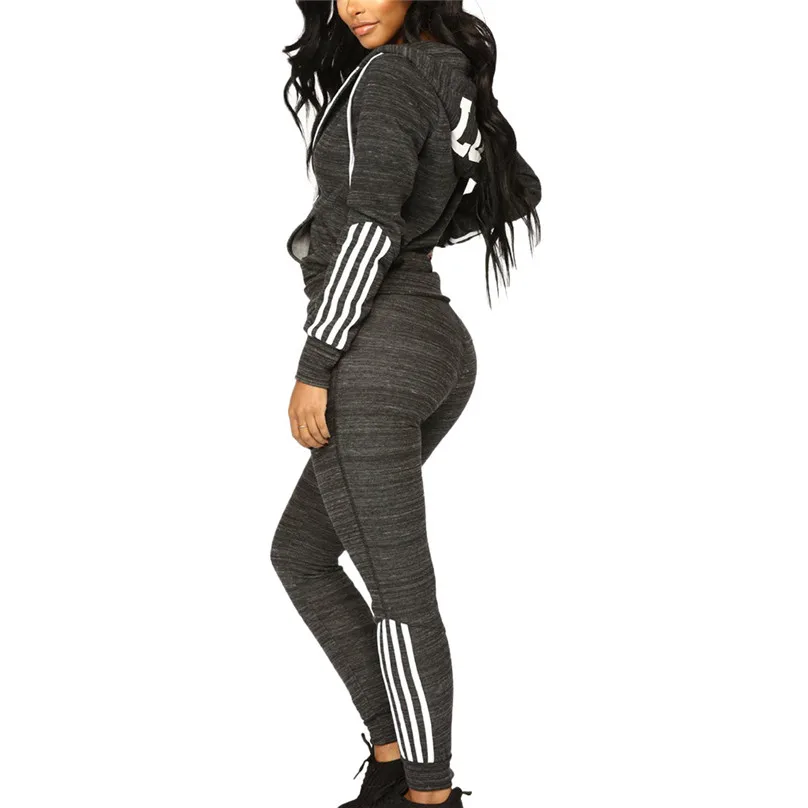 Модный женский Повседневный беговой костюм полосатый пуловер с длинными рукавами на молнии спортивный топ+ длинные штаны комплект спортивная одежда для тренажерного зала и 4A29 - Цвет: Серый