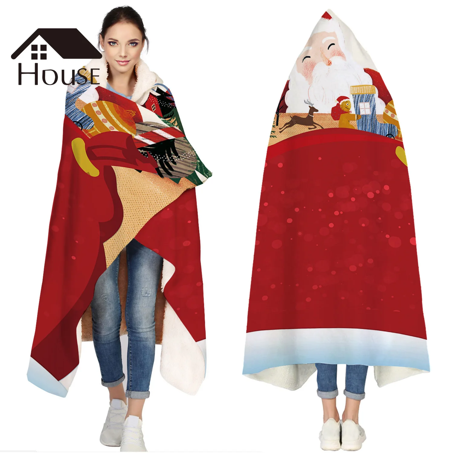 

Santa Claus Gift Bag Evergreen Twig Stockings Portable Wearable Fluffy Custom Hooded Blanket Fleece Hooded Throw WrapBed Blanket