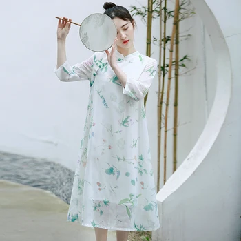 

2020 chinese style lady fairy party dress women improved cheongsam elegant long printing qipao aodai female vestidos chinoiserie