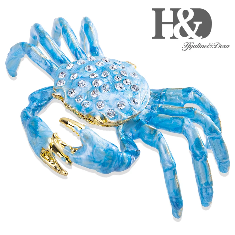 H&D Hand Painted Enameled and Bejeweled Blue Crab Trinket Box Ring Hinged Jewelry Collectible Figurine Christmas Decor for Home