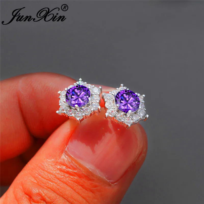 Purple Earrings Женский циркон с радужным блеском, маленькие шестигранные серьги, 925 серебро, красочные, зеленый, фиолетовый, красный камень, снежинка, серьги-гвоздики для женщин - Окраска металла: Purple Earrings