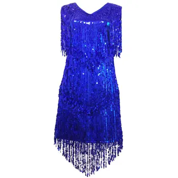 

Women Ladies V Neck Sleeveless Sparkling Sequin Tassels Fringe Ballroom Samba Tango Stage Latin Dance Dress Rave Costume 2020