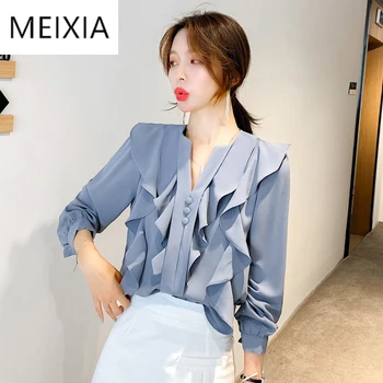

MEIXIA 2020 Spring Women Blouse Casual V-neck Ruffles Fashion Elegant Solid 2 Color All-Purpose Style Office Lady Blouse Top