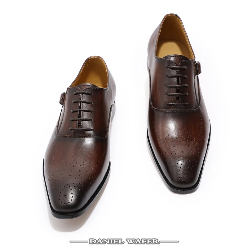 MEN GENUINE LEATHER OXFORD SHOES MEN BUCKLE STRAP OFFICE DRESS WEDDING SHOES BROWN BROGUE POINTED TOE OXFORD FORMAL SHOE SUMMER