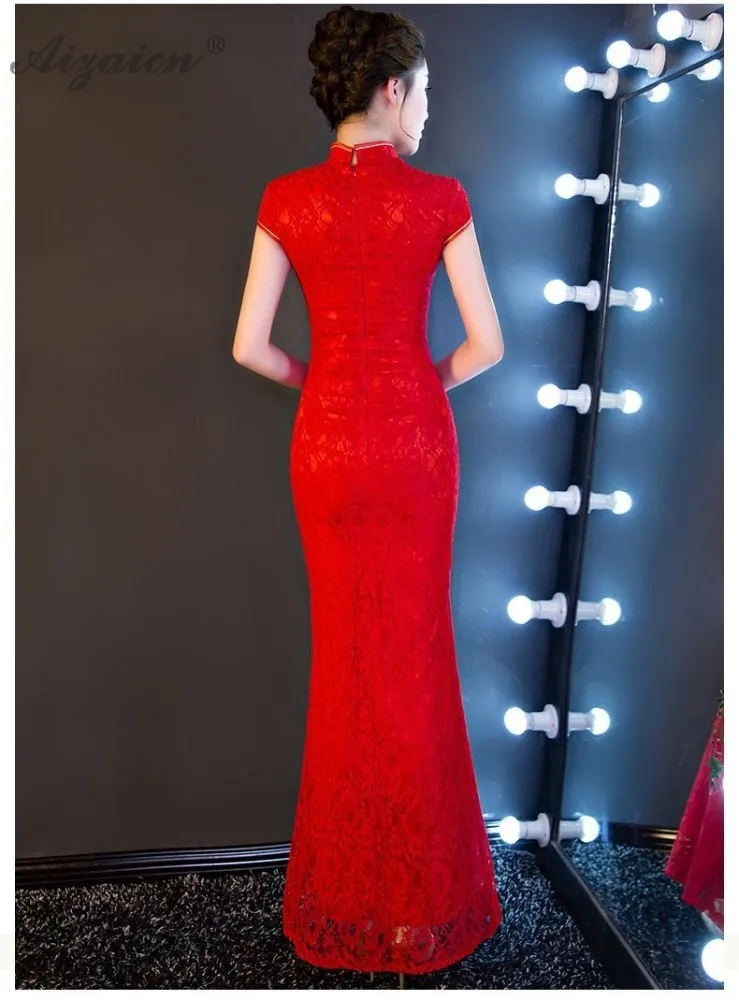 Красный Русалка феникс вышивка Cheongsam современная мода блестками и длинными Qi Pao Для женщин Китайский традиционный свадебный платье