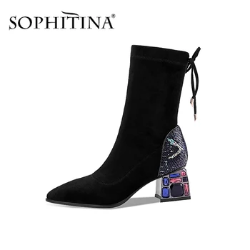 

SOPHITINA Mid-Calf Boots Large Size 33-43 Sexy Pointed Toe Fashion Design Square Heel New Shoes Comfortable Stretch Boots PO354