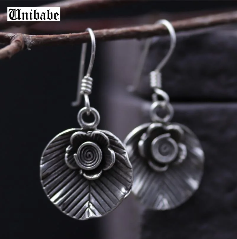 

925 Sterling Silver Art Flowers Leaf S925 Rings Handmade Retro Thai Silver Earring Female Jewelry