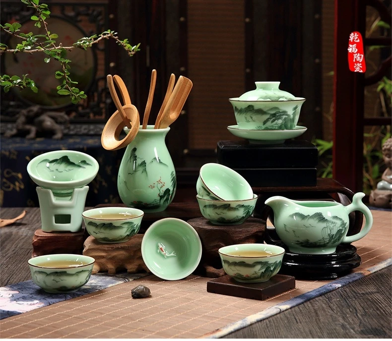 Celadon чай кунг-фу есть костюм Jindezhen ручной Карп чашка Dehua керамика чайный набор