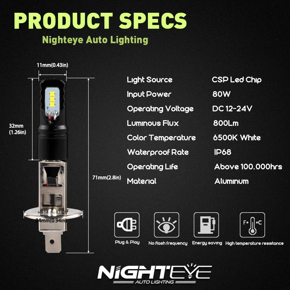 NIGHTEYE H1 H7 H11 светодиодный противотуманные лампы 9005 9006 светодиоды с чипом CSP 8 Вт 1600LM Автомобильный светодиодный вождения авто лампы туман светильник для 6500 к белый свет 12 В