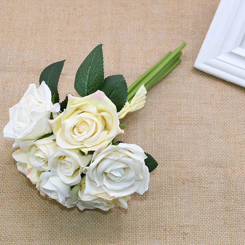 9pcs/set 4cm 7cm Silk Rose Flower Bouquet Real Touch Fake Flowers for Wedding Decoration Bridal Hold Bouquet Home Garden Supplie