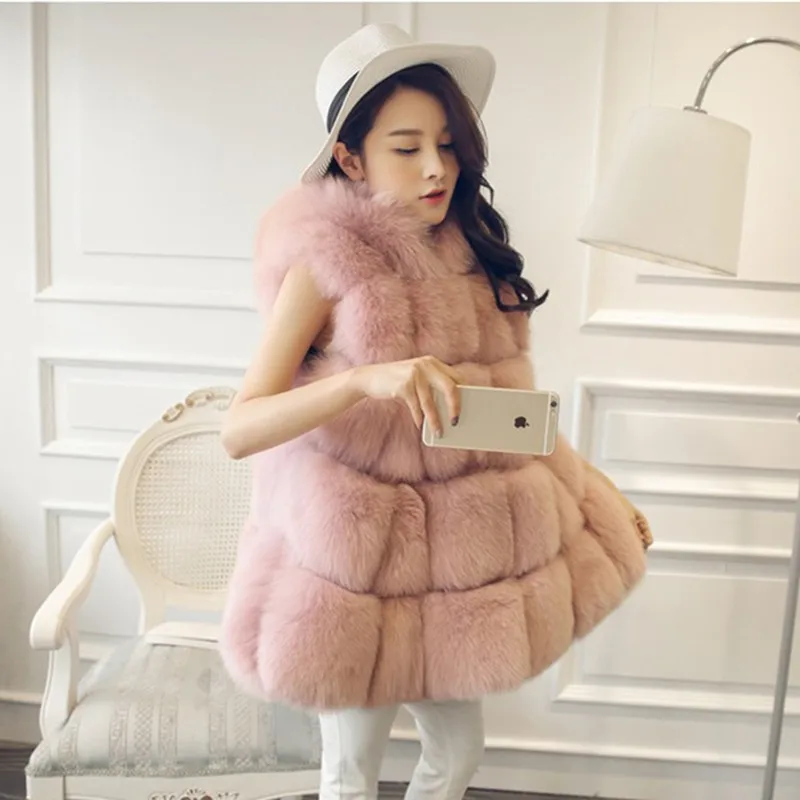 New Winter Wacket Women Fox Fur Medium and long cap fur vest Faux Leather Coat Thick Warm Fur Red Jacket Fur One Coat