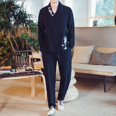 

Flax Long-sleeved T-shirt Men Cotton Linen Set Chinese-style Autumn Youth Slim Fit Handsome Casual Chinese Costume Chinese Cloth