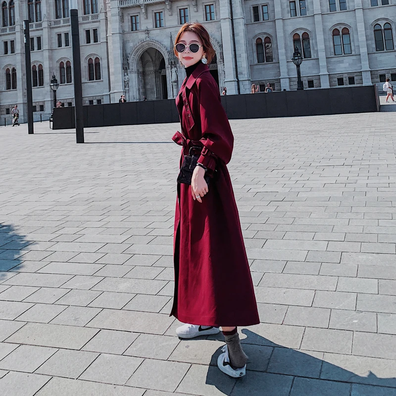 YOSIMI осень зима размера плюс длинный рукав летучая мышь рукав ветровка с отложным воротником винный женский длинный Тренч пальто больше размера