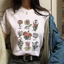 Харадзюку винтажная модная Ulzzang футболка с растительным принтом женская летняя Свободная Повседневная белая футболка с круглым вырезом Женская одежда