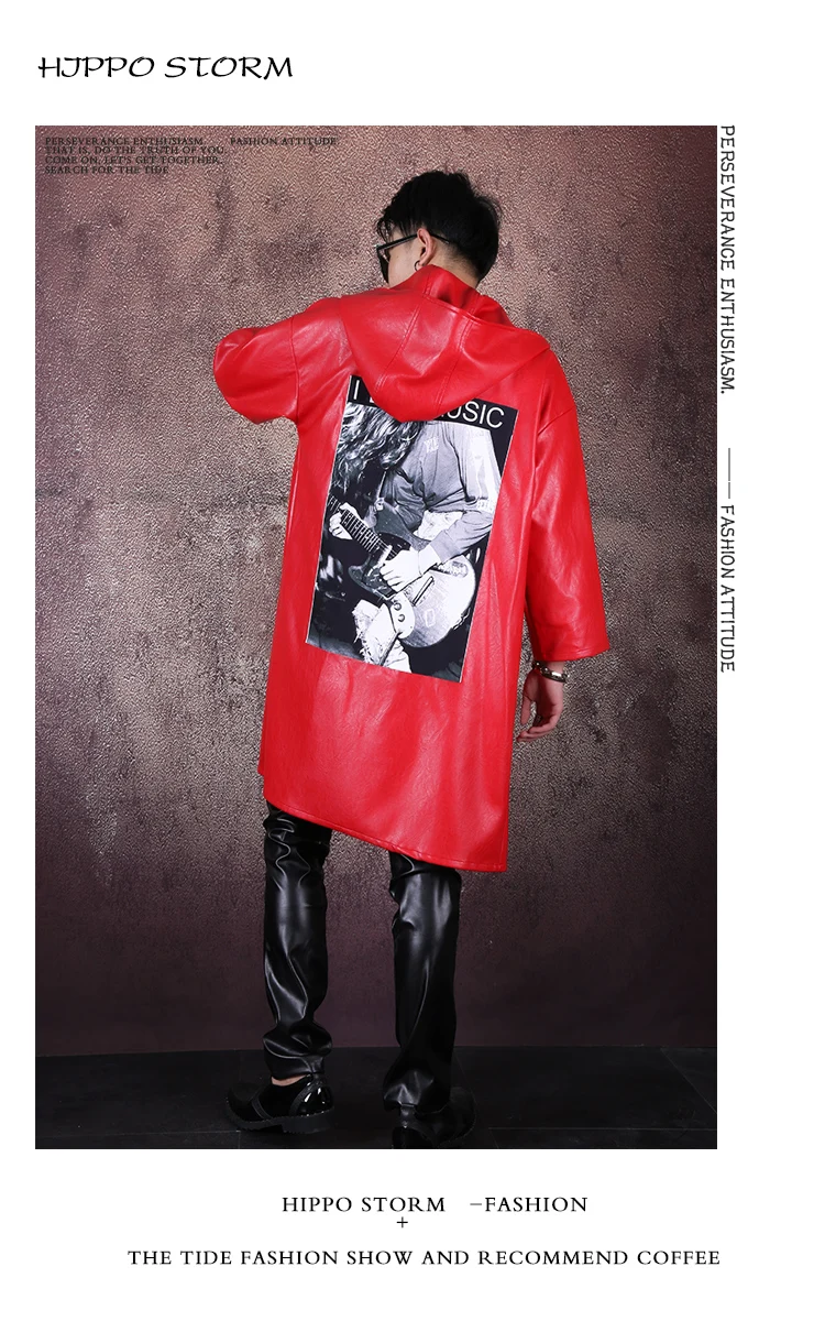 Men's Singer Concert Trench Costume Red Faux Leather Windbreaker Hooded PU Cloak Long Overcoat Tide Male Dancer Hip Hop Coat