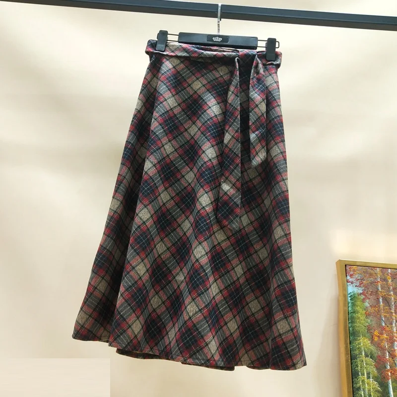 Autumn Winter High waist umbrella skirt a word skirt wild waist woolen female Flared new poncho skirt Plaid Long skirt