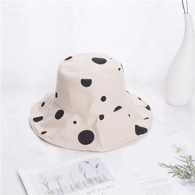 Sun Hat Women Summer Foldable Bucket Hat Harajuku Large Brim Dot Printed Beach Sun Hat Japanese Style Yellow Black Khaki Beige   (13)