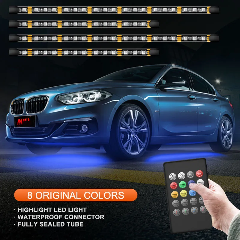 

4 Pieces LED Car Underglow Flexible Strip RF Voice Remote Control Decorative Atmosphere Lamp Under Tube Underbody Light Kit