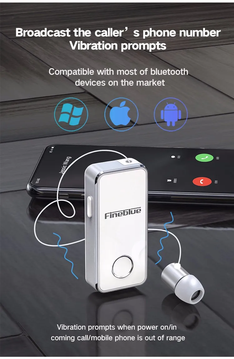 FineBlue F2 беспроводные Bluetooth V5.0 наушники с вибрирующим оповещением и зажимом для смартфона, музыкальная гарнитура