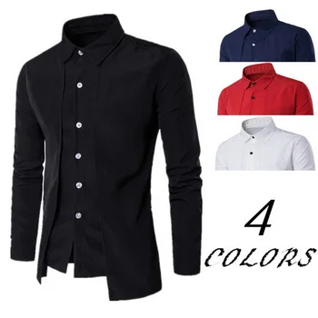 

2019 Men's Shirt Slim Solid Fake Two Piece Business Dress Shirts Formal Evening Dress Men's Black Long-sleeved Shirt Top-blouse