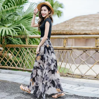

2019 Summer Dresses Casual Sweet Dress Female Two-Piece Suit Black Cotton t-Shirt+ Chiffon Side Open Skirt Fashion Suit 2 Pieces