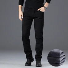 Fashion Winter Men Jeans Black Color Simple Casual Business Warm Jeans Men High Quality Elastic Classical Velvet Smart Pants