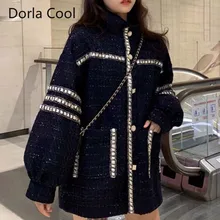 Новинка, Подиумные женские шерстяные куртки с блестками и полосками, пальто в стиле пэчворк, свободная верхняя одежда больших размеров для девочек, с карманами, шикарная Шерстяная Смесь